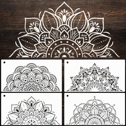 YKW 4 Pack Mandala Stencils for Painting - Reusable Large Mandala Templates - 14.5x7.7 Patterns for Wall, Fabric, Wood, Heterosexual Stone - DIY Home Decor Art Craft Supplies, Translucent and Soft - style: Large Half Mandala