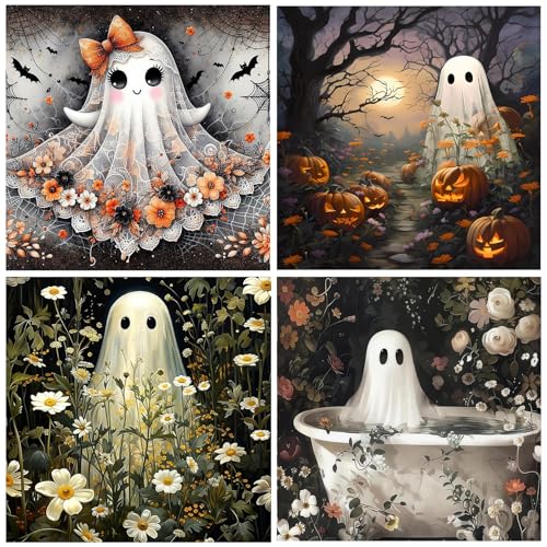 4 Pack Ghost Diamond Art Kits for Adults Diamond Painting Kits for Adults | Halloween 5D Diamond Dots Gem Art Crafts with Tools,Round Full Drill Funny Crafts for Home Wall Decor&Gift-13.8x13.8inch - color: DP03391
