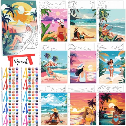 Blosssound 10 Set Pre Printed Canvas Pre Drawn Canvas Painting with Easel Kits 5" x 7" Outline Painting Panels for Beginners, DIY Craft Project, Party Favor, Home Decors(Hawaii Women) - style: Hawaii Women