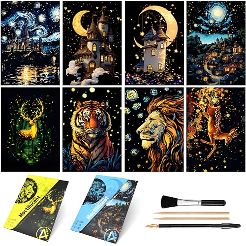 Glow in The Dark Scratch Art Kit - 8 Sheet Rainbow Scratchboards(A5) | Creative Engraving Craft Supplies for Teens & Adults | DIY Projects & Sketching Activity | ASMR Stress-Relieving(Castles/Animals) - color: Castles/Animals