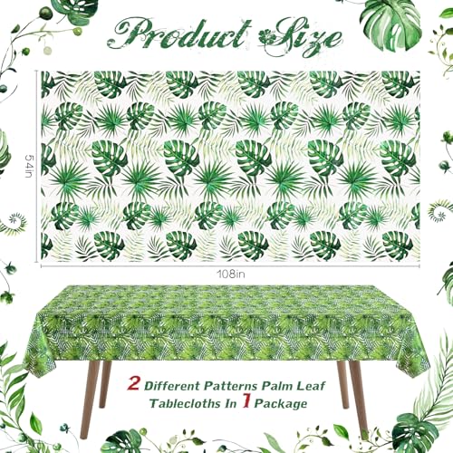2 Pack Jungle Tablecloths, 54x108", Tropical Palm Leaf Party Decor | Two Coordinating Palm and Monstera Prints with Waterproof PE Protection for Jungle, Tiki, rainforest and tropical parties