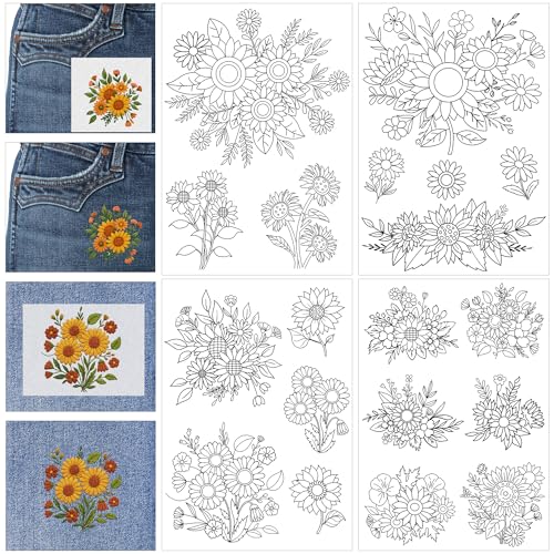 Water Soluble Stabilizer Embroidery Pattern - Sunflower Letter Stick & Stitch Embroidery Paper Wash Away, Flower Hand Sewing Patterns for T-Shirt Bag Towel (4 Sheets) - style: Flower130
