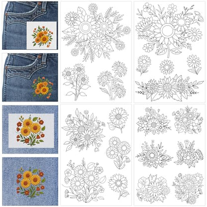 Water Soluble Stabilizer Embroidery Pattern - Sunflower Letter Stick & Stitch Embroidery Paper Wash Away, Flower Hand Sewing Patterns for T-Shirt Bag Towel (4 Sheets) - style: Flower130