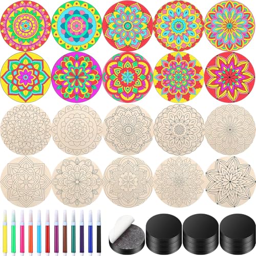 Cinnvoice 104 Pcs Wooden Mandala Magnet DIY Mandala Fridge Magnet Craft Painting Kit Included 40 Unfinish Wood Cutout 24 Colored Pen 40 Self Adhesive Magnets for Refrigerator Decor(Classic) - style: Classic