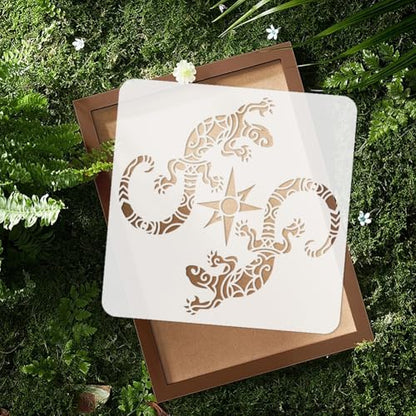 Aztec Lizards Wall Stencil 11.8x11.8 Inch Hollow Out Plastic Reusable Stencil for Painting on Wood, Floor, Wall and Fabric, Animal Theme Template for DIY Craft Painting - style: Lizards