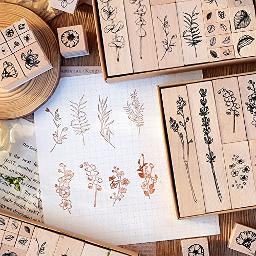 22 Pcs Plant Wooden Rubber Stamp Set for DIY Craft Projects | Crisp imprint detail, Natural wood handle, Sturdy stamping surface - color: Plant 2