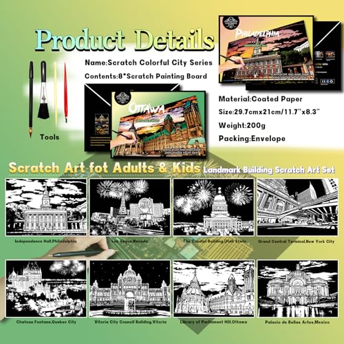DESINIK Scratch Painting Art Paper - Scratch Art for Adults Premium DIY Craft Kit with Tools - Creative Adult& Teens Crafts for Home Decor & Stress Relief（Canada & America） A4 - color: Canada & America