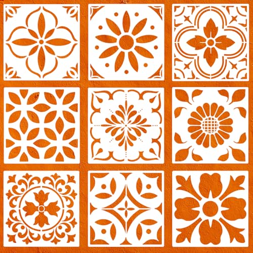 9PCS Reusable Tile Stencils 8x8 Inch - Spanish Talavera & Mandala Painting Templates for Floors, Walls, Furniture DIY Home Decor - Wall Floor Stencils Set