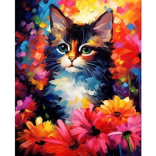 Tucocoo Cute Cat Paint by Number for Adults, DIY Digital Oil Painting Kits on Canvas with Brushes and Acrylic Pigment, Abstract Flowers Animal Hand-Painted Style for Home Decor 16x20 inch (Frameless) - color: Artwork-01, size: 16''x20''(Without Frame)