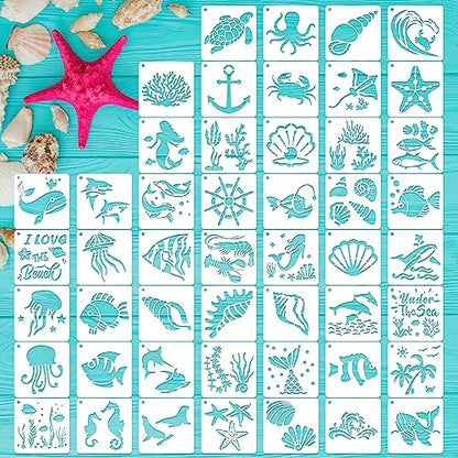 50 PCS Ocean Animal Painting Stencils Reusable Sea Stencils for Painting on Wood Rocks Canvas Fabric Glass Pottery 4x4 Inch - color: Ocean Animal
