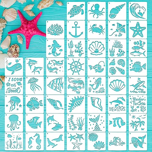 50 PCS Ocean Animal Painting Stencils Reusable Sea Stencils for Painting on Wood Rocks Canvas Fabric Glass Pottery 4x4 Inch - color: Ocean Animal