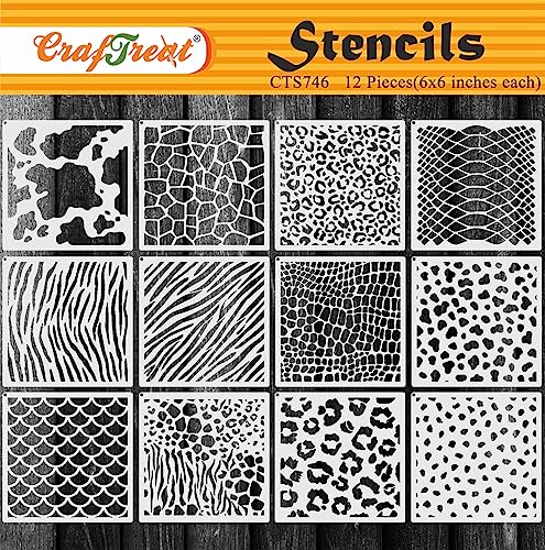 CrafTreat Reusable Flower Stencil Set for Painting on Wood, Wall, Furniture, Canvas, Paper & Fabric – 36 Piece Floral DIY Craft Paint Stencils 3x4 Inches - size: 12 Pcs - 6"X6", style: Animal Skin