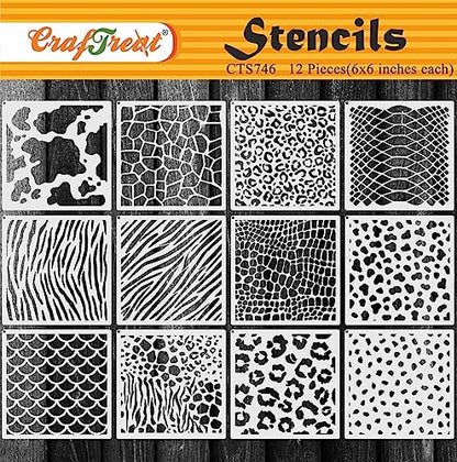 CrafTreat Reusable Flower Stencil Set for Painting on Wood, Wall, Furniture, Canvas, Paper & Fabric – 36 Piece Floral DIY Craft Paint Stencils 3x4 Inches - size: 12 Pcs - 6"X6", style: Animal Skin