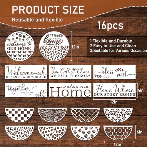 Keluna Welcome Home Stencils for Painting on Wood, 16 Pcs 12 Inch Large Reusable Welcome & Half Round Stencils - Cheetah Skin, Hexagon, Checkerboard, Cat Paw Designs - style: welcome home