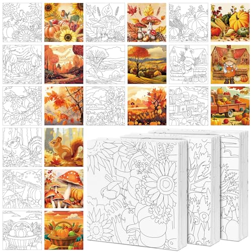 Teling 12 Pcs Fall Pre Drawn Stretched Canvas Kit for Adults Painting Pre Printed Canvas Outline for DIY Painting Party Favor, 6 x 6 x 0.6 Inches(Fall) - style: Fall