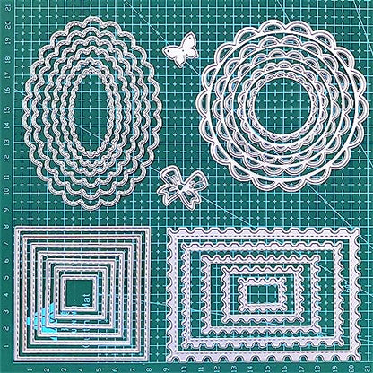 Cutting Dies Stencil Flower Round Square Rectangle Oval Ellipse Nested Stitched Frame Metal Mould for DIY Scrapbook Album Paper Card - style: Wavy edge dies set