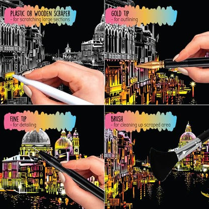 Scratch Art Book for Adults - City Series, 10 Rainbow Art and Crafts for Adults | Adult scratch art & foil art for adults kit | stress relief scratch painting, screen-free travel craft | scratch art adult - color: City series