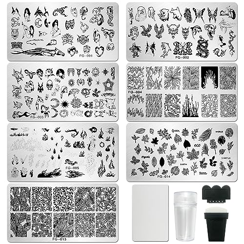 AddFavor Nail Stamper Kit 7pcs Nail Stamping Plates Flower Animal Flame Leaves Image Nail Stencils with 2 Stamp and 2 Scraper for Home Salon Manicure Design Supplies Tools - color: Style E