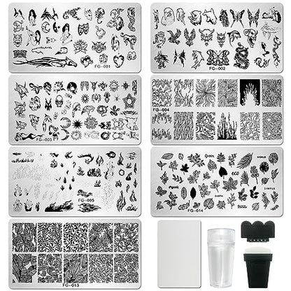 AddFavor Nail Stamper Kit 7pcs Nail Stamping Plates Flower Animal Flame Leaves Image Nail Stencils with 2 Stamp and 2 Scraper for Home Salon Manicure Design Supplies Tools - color: Style E