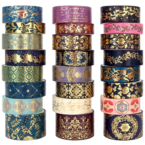 Gold Foil Washi Tape Set — 24 Rolls Vintage Dark Academia Aesthetic, Baroque Gothic Jewel Tone Decorative Tape for Junk Journal Supplies, Scrapbook, Planner — Gift Box (3 Sizes)