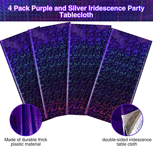 4 Pack Iridescent Purple Plastic Tablecloths Shiny Disposable Laser Rectangle Table Covers Holographic Foil Tablecloth Iridescent Kpop Birthday Bridal Wedding Party Decoration, 54"x108" - color: Purple