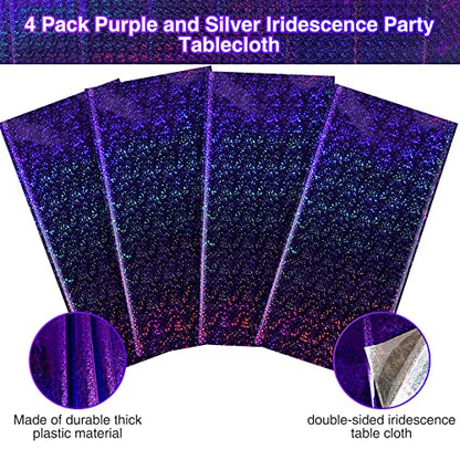 4 Pack Iridescent Purple Plastic Tablecloths Shiny Disposable Laser Rectangle Table Covers Holographic Foil Tablecloth Iridescent Kpop Birthday Bridal Wedding Party Decoration, 54"x108" - color: Purple