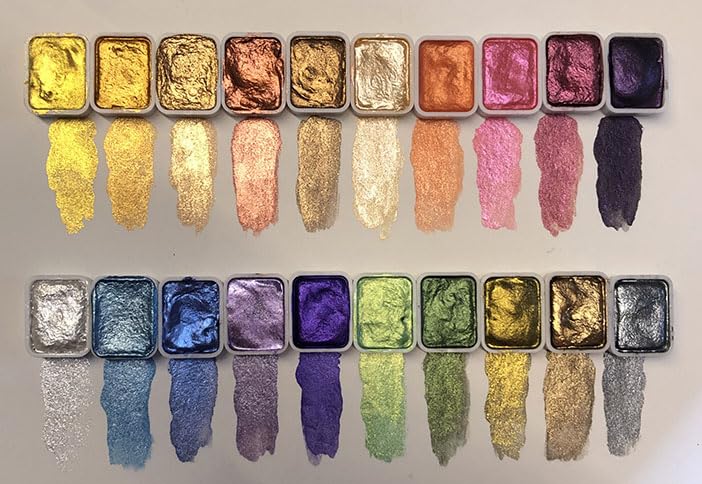 Mini Portable Handmade Artist Watercolor Paint Travel Set - 20 Colors Metallic Pearlescent Glitter Solid Watercolor Half Pans (Each Capacity Approx 1ml) Sparkle Professional Watercolour - #B