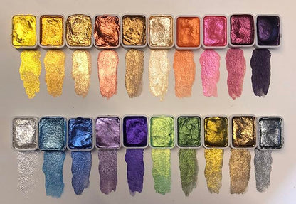Mini Portable Handmade Artist Watercolor Paint Travel Set - 20 Colors Metallic Pearlescent Glitter Solid Watercolor Half Pans (Each Capacity Approx 1ml) Sparkle Professional Watercolour - #B