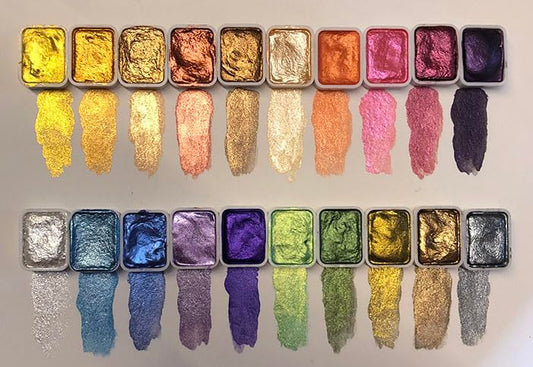 Mini Portable Handmade Artist Watercolor Paint Travel Set - 20 Colors Metallic Pearlescent Glitter Solid Watercolor Half Pans (Each Capacity Approx 1ml) Sparkle Professional Watercolour - #B