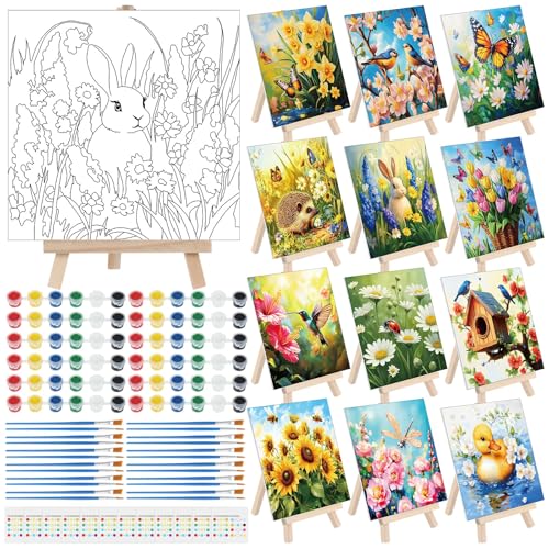 Tenceur 12 Sets Pre Drawn Canvas to Paint Adult Stretched Coloring Painting Canvas Panels with Design Easel and Brushes for Party Supplies Beginner Favor(Garden) - style: Garden