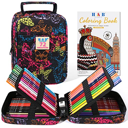 H & B 72 Colored Pencils for Adults Beginners with Case & Coloring Book Set | Oil-based Soft Cores for Smooth Drawing & Coloring - Vibrant Blendable colors - Portable Travel Kit with Sharpener & Eraser - size: 1 count (Pack of 72), style: 1-Butterfly (Bas