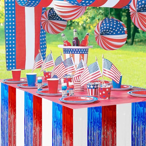 2 Pack 2.5ft x 9 ft Red White and Blue Metallic Foil Fringe Table Skirt, July 4th Patriotic Tinsel Table Skirts Cover for Rectangle and Round Tables, Labor Day, Veterans Day - color: Red White Blue