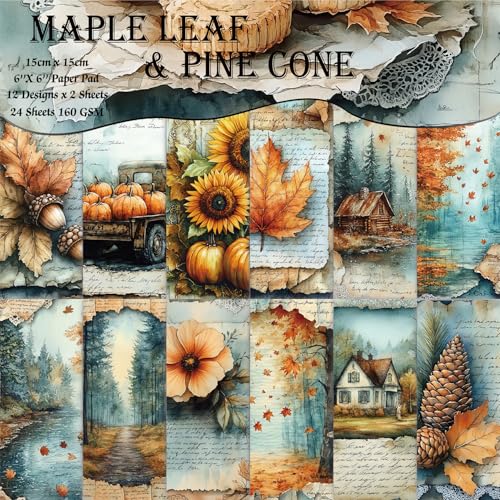 6x6" Scrapbooking Paper Pad Single Sided Decorative Colored Papers | 160GSM 12 Patterned 24 Sheets Cardstock,Art Paper for Craft Paper Present Wrapping DIY Junk Journal Supplies.Maple Leaf - color: 160GSM-Maple Leaf