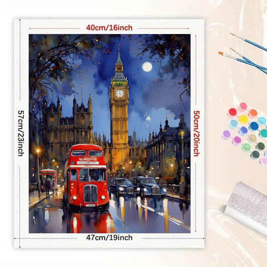 London Cityscape Paint by Numbers Kit for Adults - DIY Big Ben and Double-Decker Bus Painting on Canvas 16x20In, Frameless Acrylic Paint Set, Suitable for Beginners, Art for Home Decoration or Gifts - color: cyy016-A
