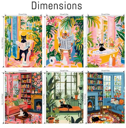 Canrichshop 6 Pack Cat Paint by Numbers Kit for Adults Without Frame,Funny Black Cat DIY Adults' Paint-by-Number Kits on Canvas,Easy Acrylic Painting Beginners Decor 9.8x13.8 Inch - color: MT21387~MT21392