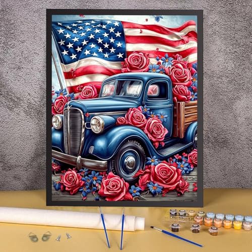 RICUVED Truck Paint by Numbers for Adults, Independence Day Paint by Numbers Kit for Adults Beginners, Flowers DIY Acrylic Flag Oil Painting on Canvas Easy for Gift Home Wall Decor 16x20 Inch - color: SO013