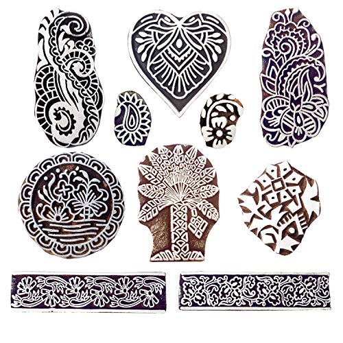 Royal Kraft Wooden Stamps for Block Printing on Saree Border, Textile, Clay, Pottery, Tattoo (Set of 10) MXtag0001 - color: Mxtag0001