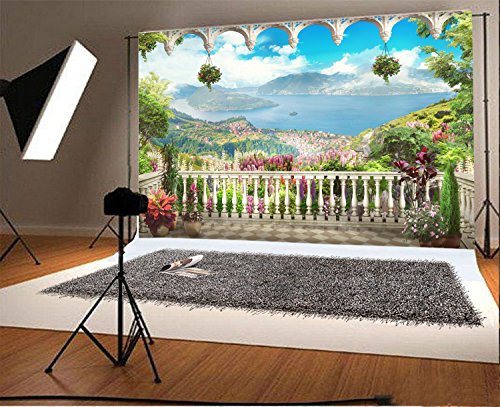 AOFOTO 10x8ft Garden Terrace Backdrop Pretty Scenery Photography Background Adult Girl Bride Lovers Artistic Portrait Seascape Romantic Wedding Retro Photo Shoot Studio Props Video Drop Wallpaper Drap - size: 10x8ft