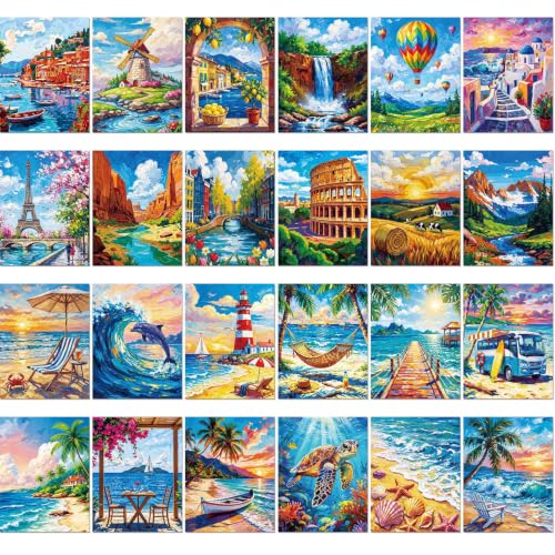 Sherr 24 Pcs Pre Drawn Canvas for Painting Adult Pre Printed Canvas Bulk Sip and Paint Kit Stretched Panels Paint Set for Theme Valentine Painting Night Party Favor (Beach,Scenery,8 x 10 Inch) - size: 8 x 10 Inch, style: Beach,Scenery