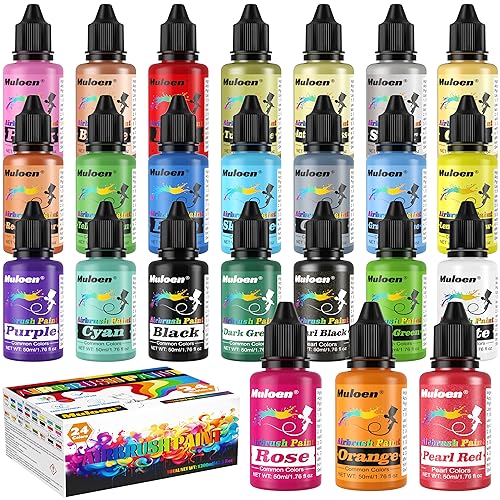 Airbrush Paint Set - 24 Colors x 50ml Airbrush Paint with 2 Cleaning Brush, Ready to Spray, Water Based Acrylic Air Brush Paint Kit for Artists and Beginners - color: 24 Colors