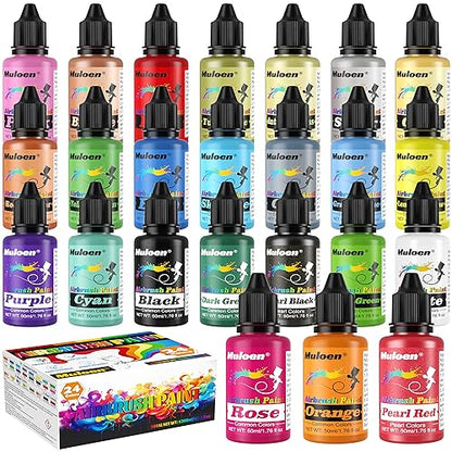 Airbrush Paint Set - 24 Colors x 50ml Airbrush Paint with 2 Cleaning Brush, Ready to Spray, Water Based Acrylic Air Brush Paint Kit for Artists and Beginners - color: 24 Colors