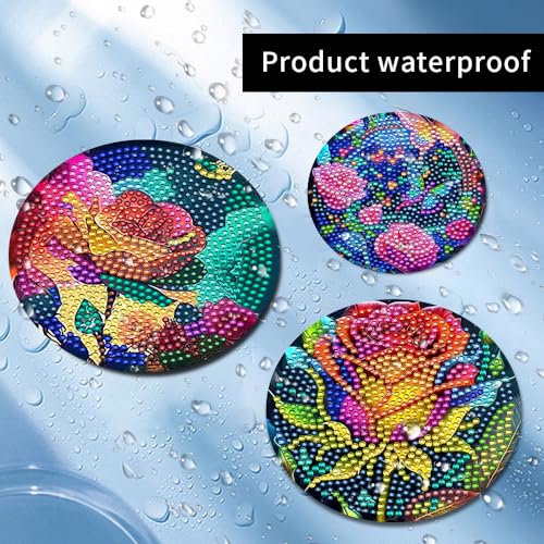 8 Pcs Diamond Painting Coasters with Holder, DIY Oil Peony Rose Flower Diamond Art Coasters for Drinks Diamond Painting Kits for Beginners, Diamond Art Kits Craft Supplies for Adults Kids Coaster Gift - color: Oil Rose Flower