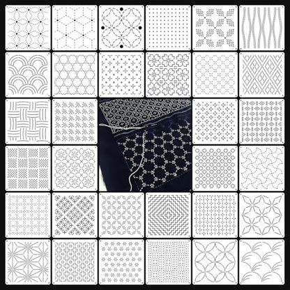 32 PCS Sashiko Stencil Kit, 5.1 x 5.1 Inch Plastic Geometric Sashiko Pattern Template Drawing Line Embroidery Pattern for Sewing Hand Quilting and Embroidery - size: 32PCS 5.1 x 5.1 Inch