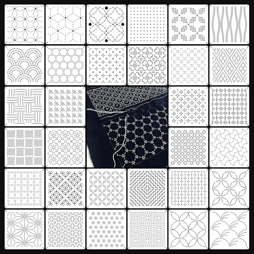 32 PCS Sashiko Stencil Kit, 5.1 x 5.1 Inch Plastic Geometric Sashiko Pattern Template Drawing Line Embroidery Pattern for Sewing Hand Quilting and Embroidery - size: 32PCS 5.1 x 5.1 Inch