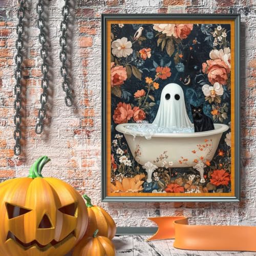 RYMILIE Halloween Diamond Art Kits for Adults Bathtub Ghost 12x16inch | 5D Flowers Diamond Painting Kit for Beginners, DIY Full Round Drill Black Cat Gem Art Crafts for Home Wall Decor Gift - color: DP00940