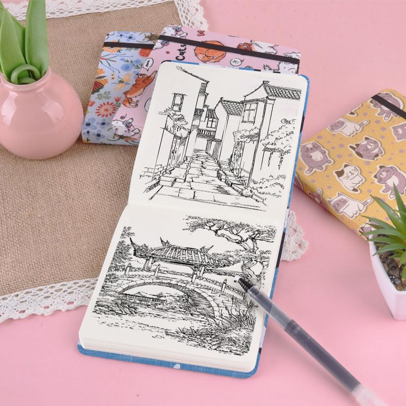 qianshan 4.8" x 4.8" Hardcover Sketchbook,Small Mixed Media Sketch Pad,96 Sheets 80gsm Acid-Free Artist Travel Journal Pocket Blank Notepad for Adults Drawing Painting,Art Supplies.Lake Blue Cat - color: 80gsm Cloth-lake blue cat