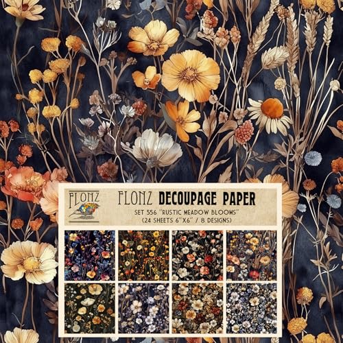 Decoupage Paper Pack (24 Sheets 6"x6") Rustic Meadow Blooms: Vibrant Wildflower Decoupage Papers in Rich Autumn Hues for Nature-Inspired Crafting # Vintage Styled Paper for Craft and Scrapbooking