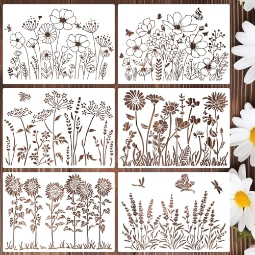 Large Flower Stencils for Wood Walls Wildflower Stencil 13.8" | Reusable Floral Sunflower Lavender Stencils for Painting on Wood Fence Wall Canvas Fabrics Furniture - style: Wildflowers
