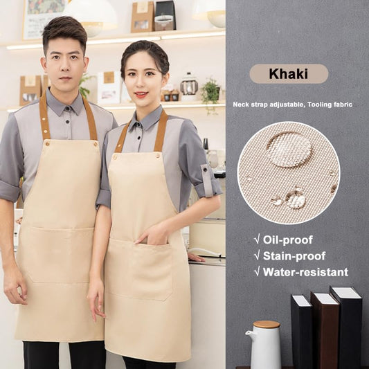 Kitchen Bib Apron with Pockets, Women Men Adjustable Neck Strap Water Resistant Apron for Chef Artist Waiter - color: Khaki