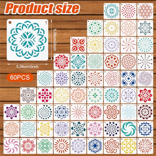 60pcs Mandala Stencils for Painting, Mandala Dotting Templates (Style 1) | 2x2 Inch Reusable PET Crafts Art Drawing Stencil for Rocks Wood Furniture Canvas Fabric Decoration DIY Projects - style: C